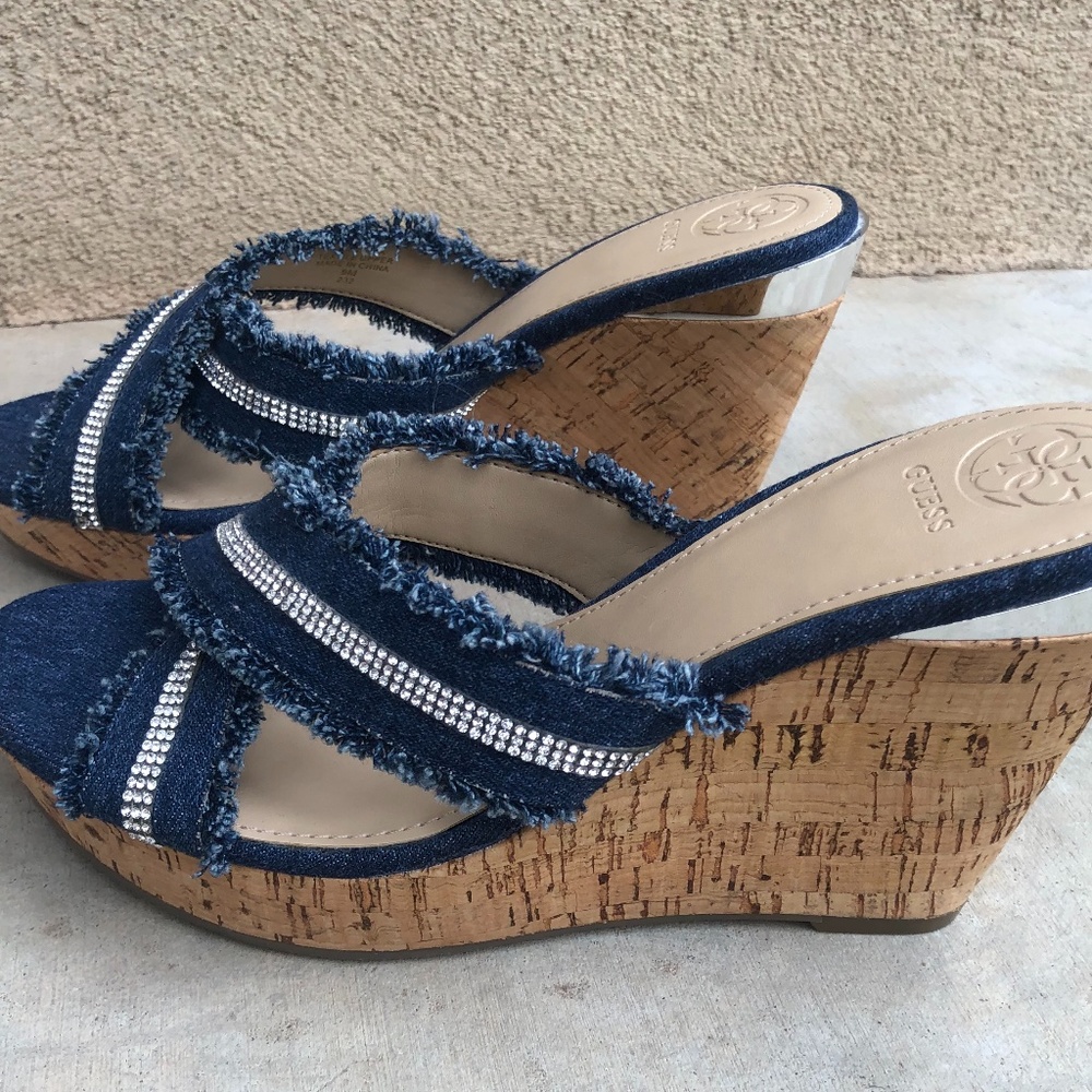 GUESS - Eieny - Blue Denim Fabric Criss-Cross  Rhinestone Cork Wedge Heel  9M